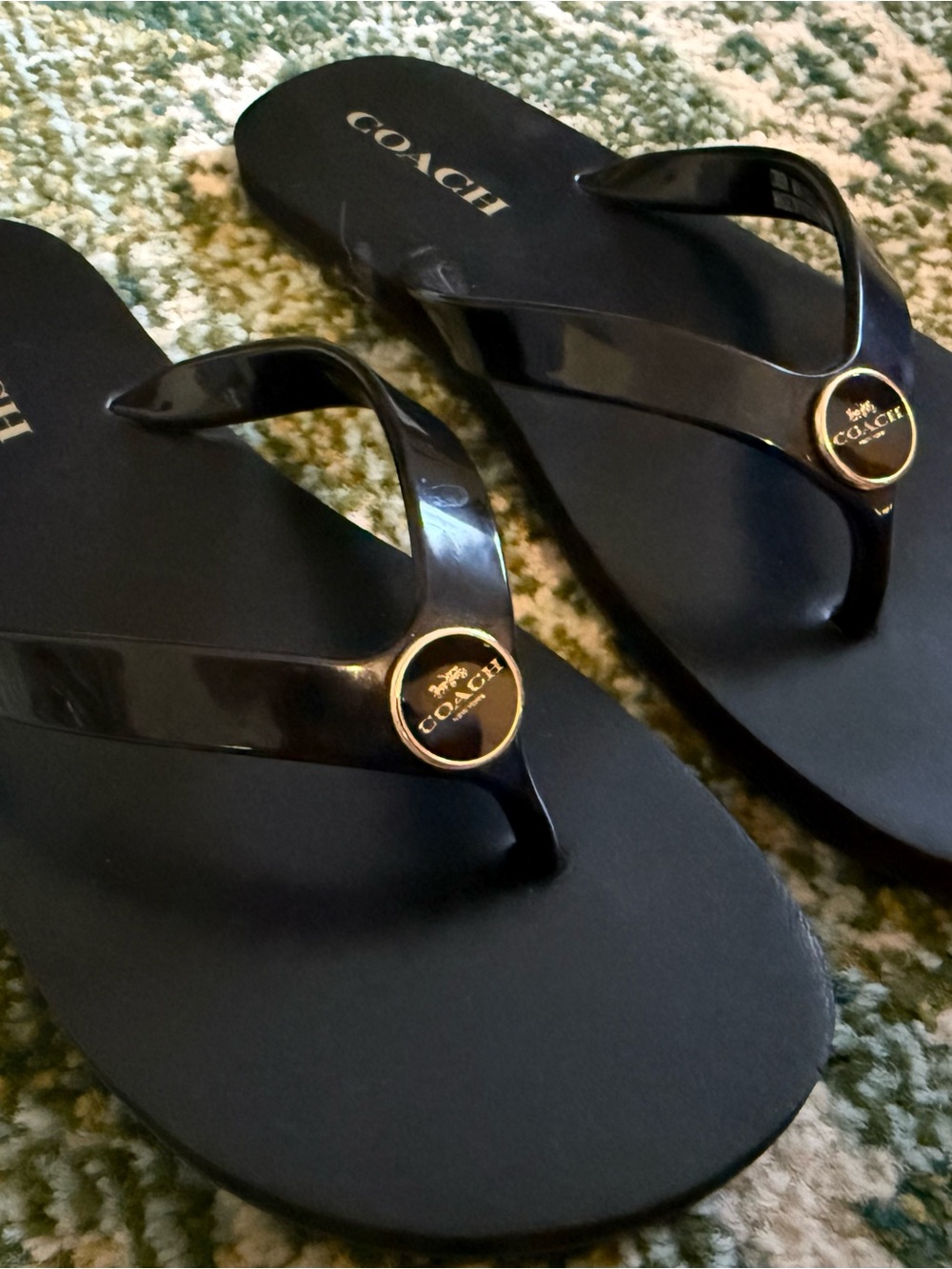 Coach Black Patent Flip Flop Sandals with Gold Logo Medallions